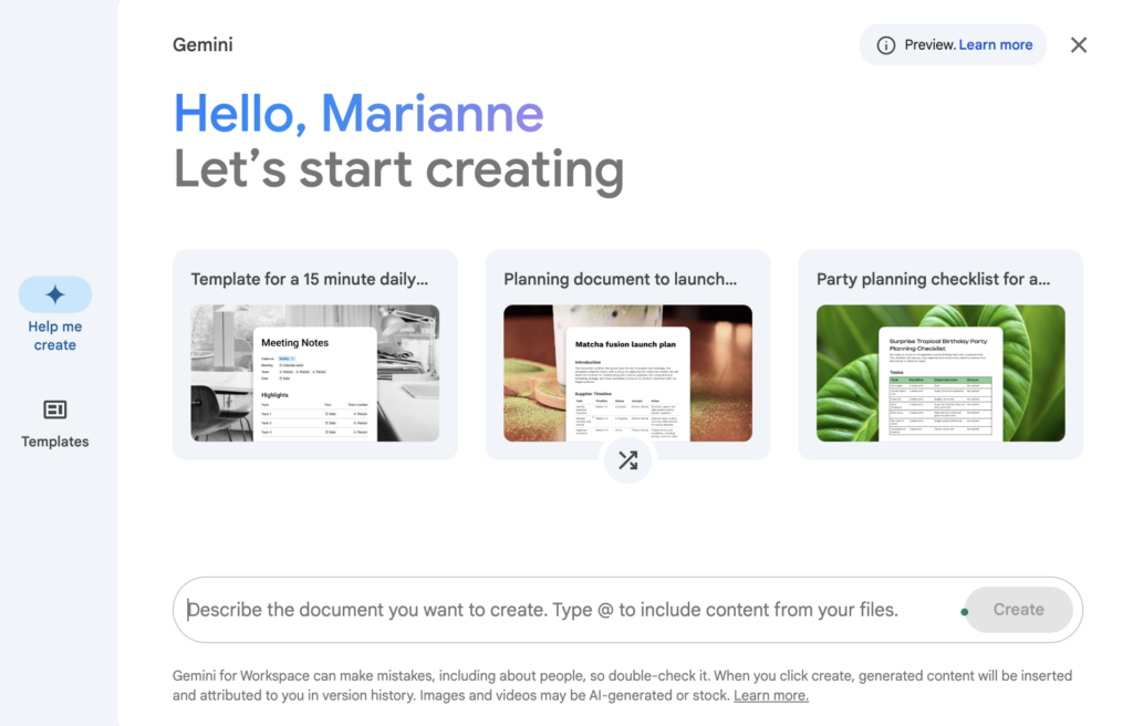 Google Workspace Gemini interface showing AI-generated document templates.
